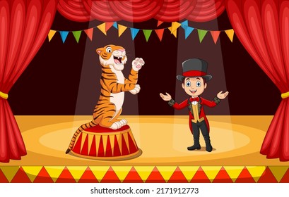 Cartoon-Zirkus-Tamer mit Tiger auf der Bühne