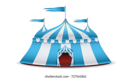 Cartoon Circus Tent Vector. Blue And White Stripes. Funfair, Carnival Holidays Concept illustration