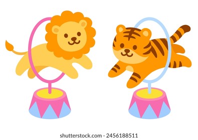 Cartoon circus tiger and lion jumping through hoop. Cute and funny circus animals performance vector illustration, children's book drawing.