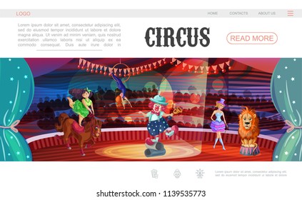 Cartoon circus web page template with clown acrobat trainers lion horse performing different tricks on arena vector illustration