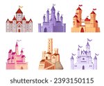 Cartoon citadels. Ancient castle fortress, historic ruins fairytale kingdom king palace princess tower gothic mansion renaissance architecture chateau ingenious vector illustration