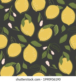 Cartoon citrus summer lemon fruit seamless pattern background. Cute sweet food fresh nature kids wallpaper design. Vector print graphic illustration.