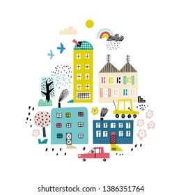 Cartoon city background. Childish vector illustration with skyscraper, buildings and cars. Design for poster, card, bag and t-shirt, cover. Baby style.