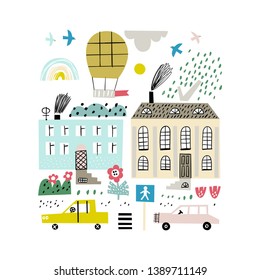 Cartoon city background. Childish vector illustration with skyscraper, buildings and cars. Design for poster, card, bag and t-shirt, cover. Baby style.