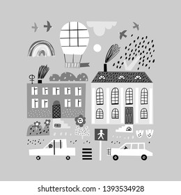 Fondo de la ciudad de caricatura. Ilustración infantil vectorial con rascacielos, edificios y autos. Diseño para afiches, tarjetas, bolsos y camisetas, cubierta. Estilo bebé.