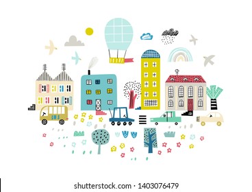 Fondo de la ciudad de caricatura. Ilustración infantil vectorial con rascacielos, edificios y camiones. Diseño para carteles, tarjetas, bolsos y pantalones, portada. Estilo bebé.