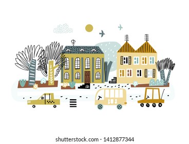 Cartoon, Stadthintergrund. Childische Vektorgrafik mit Gebäuden, Bäumen und Autos. Design für Poster, Karte, Tasche und T-Shirt, Cover. Baby-Stil.