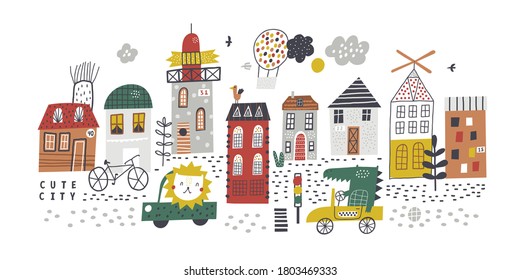 Cartoon city background. Childish vector illustration with skyscraper, buildings and cars. Design for poster, card, bag and t-shirt, cover. Baby style.