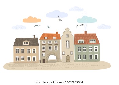 Cartoon City Background.  Old Town. City Panorama. Vector Illustration.