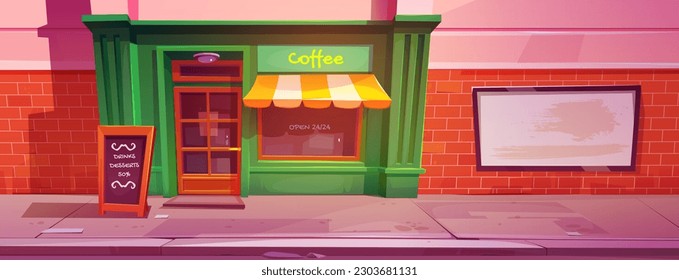 Cartoon city cafe with green retro facade. Vector illustration of dirty urban street, litter on ground, restaurant exterior with large window, door, discount announcement, blank banner on brick wall