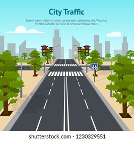 Cartoon City Crossroad Traffic Lights Card Poster for Marketing Transportation Concept Element Flat Design Style. Vector illustration of Intersection Road