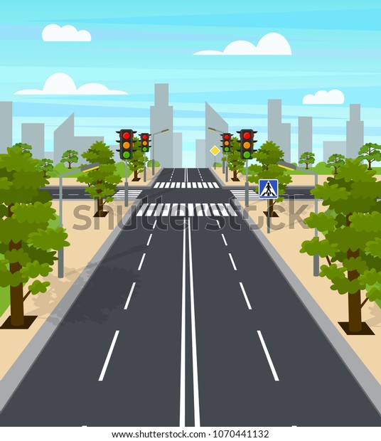 Cartoon City Crossroad Traffic Lights Card Poster\
Transportation Concept Element Flat Design Style. Vector\
illustration of Intersection\
Road