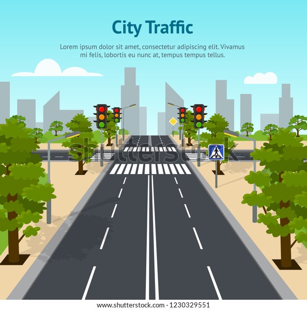 Cartoon City Crossroad\
Traffic Lights Card Poster for Marketing Transportation Concept\
Element Flat Design Style. Vector illustration of Intersection\
Road