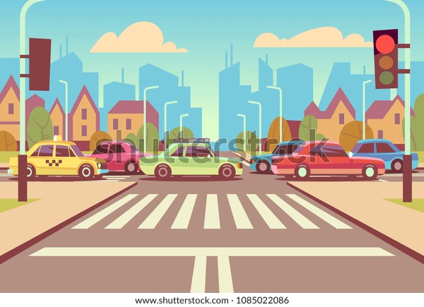 Cartoon city crossroads with cars in traffic jam,\
sidewalk, crosswalk and urban landscape vector illustration. Road\
with car on intersection\
way
