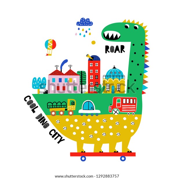 Cartoon city with dinosaur. Childish vector\
illustration with dino, buildings and car. Design for poster, card,\
bag and t-shirt. Dinosaur in the city. Scandinavian style. Cool\
dino city.