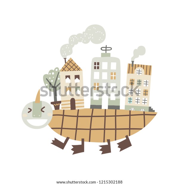 Cartoon city\
with dinosaur playing in it. Childish vector illustration with\
dino, buildings and car. Design for poster, card, bag and t-shirt.\
Dinosaur in the city. Scandinavian\
style.