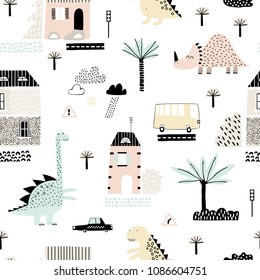 Cartoon city with dinosaurs playing in it. Childish vector illustration with skyscraper, dino, buildings and cars. Design for poster, card, bag and t-shirt. Monster in the city. Scandinavian style.