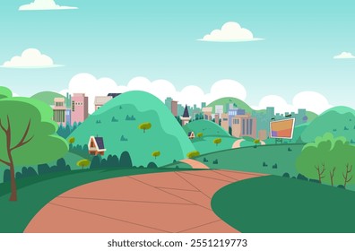 Vector de fondo de la entrada de la ciudad de la historieta, fondo del campo, ciudad, tierra verde, camino, centro de la ciudad, ruta del viaje, Vector del fondo de la historieta