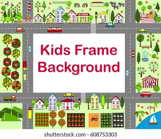Cartoon city frame with houses, garden, fields, sea, attraction, and roads. City map.