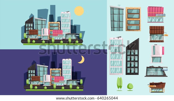 cartoon city\
generator, night and day residential buildings, shops and cafes.\
City flat style. Vector\
illustration.