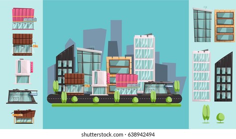 cartoon city generator, residential buildings, shops and cafes. City flat style. Vector illustration.