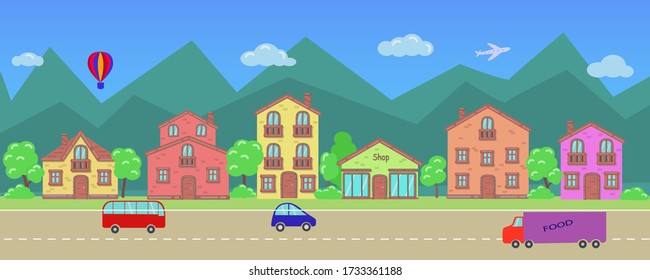 Cartoon city. Houses, trees, cars, plane, balloon on the background of mountains. Rectangular vector illustration in a flat style