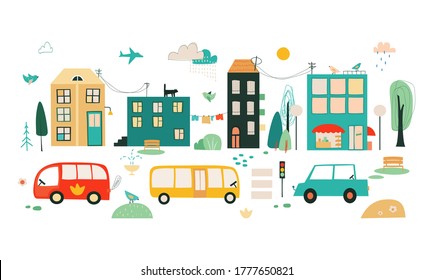 Cartoon City Illustration. Landscape Map With Cute Houses, Cars, Trees, Weather Icons Clouds, Sun, Rainbow In Childrens Style. Route Banner Design, Funny Child Style Print For Book, Card, T-shirt.