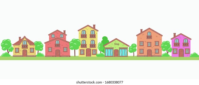Cartoon city. Isolated vector image of a street on a white background. Houses with balconies, shop trees, clouds. Flat style