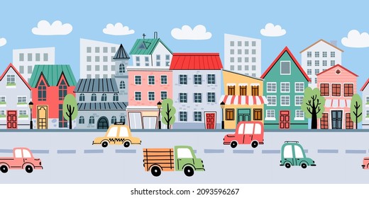 Cartoon city landscape with buildings and cars seamless background. Street with apartments and road traffic for kids. Cute town vector line. Illustration of cityscape building street