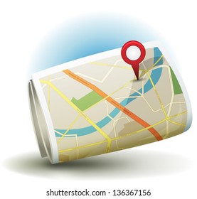 Cartoon City Map Icon With GPS Pin/ Illustration of a cartoon city map icon printed on scrolled paper with yellow and white roads, street, district blocks and places, with red gps icon