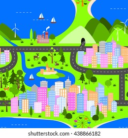 Cartoon city map. Landscape with cities, mountains, roads, sea, lake, forest and mountains.