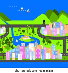 Cartoon city map. Landscape with cities, mountains, roads, sea, lake, forest and mountains.