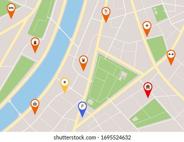 Cartoon City Map With Red Pins Concept For Ad Flyer And Banner Flat Design Style. Vector Illustration