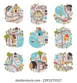 Cartoon City Map mit Road, Car und House Vector Set