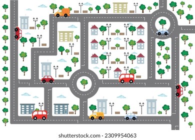Cartoon City map, town plan, with roads, trees, cars  and houses. Flat vector illustration. 