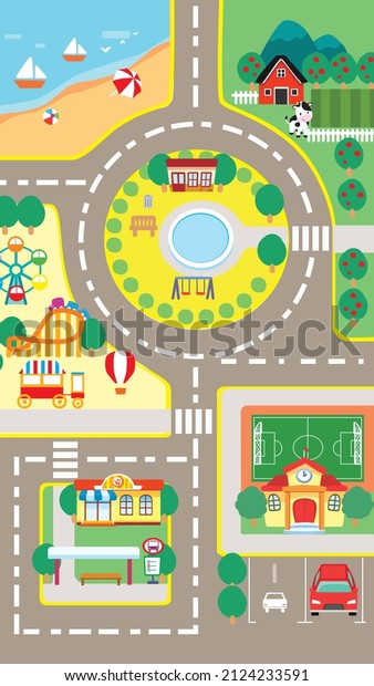 Cartoon City map in vector, could apply in play mat\
and etc