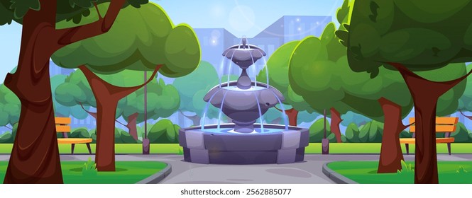 Cartoon city park scene with central stone fountain featuring glowing blue water streams, surrounded by lush trees, wooden benches and landscaped paths. Background of modern multistorey buildings.