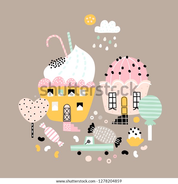 Cartoon city print. Fairytale city of sweets and\
cakes. Childish vector illustration with buildings and car. Design\
for poster, card, bag and t-shirt, cover. Pastel colors.\
Scandinavian style.