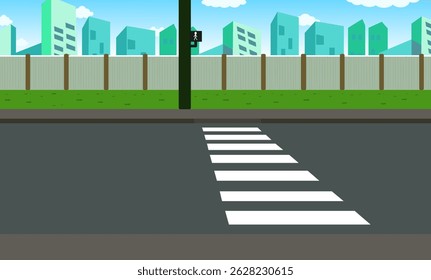 Cartoon City Road Background Vector, Road Crossing Lines, City Background  Illustration, Footpath, City Buildings, Vector Background