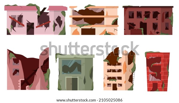 Cartoon city\
with ruined buildings after earthquake, disaster or war. Abandoned\
houses set. Old ruined city buildings, apartment houses and\
supermarkets debris, torn power\
lines.