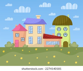 Cartoon city. Spring, summer background design. Cheerful vector illustration. Houses, flowers, clouds.