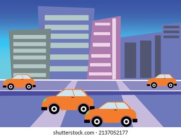 cartoon city street with Car. City Building beside the Highway Road. Ready for 2d Animation. Colorful Cartoon Animation Background. 