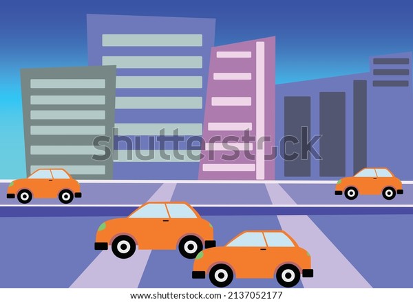 cartoon city street with Car. City Building beside the\
Highway Road. Ready for 2d Animation. Colorful Cartoon Animation\
Background. 