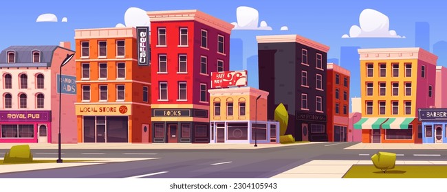Cartoon city street corner with buildings. Vector illustration of apartment houses, pub, bar, cafe, bookstore, barbershop, grocery shop facades, ads banners on walls, blue sky. Town neighborhood