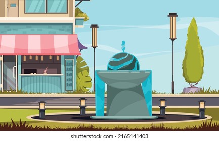 Cartoon city street with fountain surrounded by lights and cafe building in background vector illustration