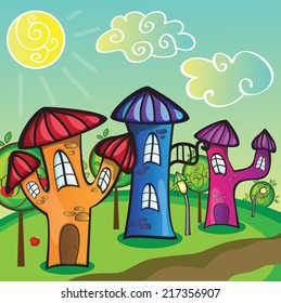Cartoon city street with funny houses - vector