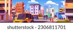 Cartoon city street with intensive traffic and pedestrians. Vector illustration of sunny day in town center with office buildings, bookstore and cafe, cars driving on crossroad, man greeting woman