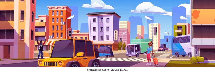 Cartoon city street with intensive traffic and pedestrians. Vector illustration of sunny day in town center with office buildings, bookstore and cafe, cars driving on crossroad, man greeting woman