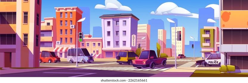 Cartoon city street intersection with many cars. Vector illustration of traffic jam on urban road, vehicles and police auto, buildings with cafe, book store, skyscraper silhouettes under blue sky