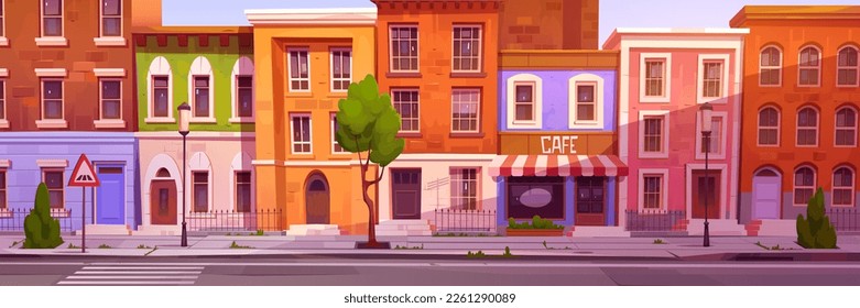 Cartoon city street with nice houses and cafe. Vector illustration of town neighborhood, residential district. Brick buildings facade with windows and doors, empty sidewalk and road on sunny morning